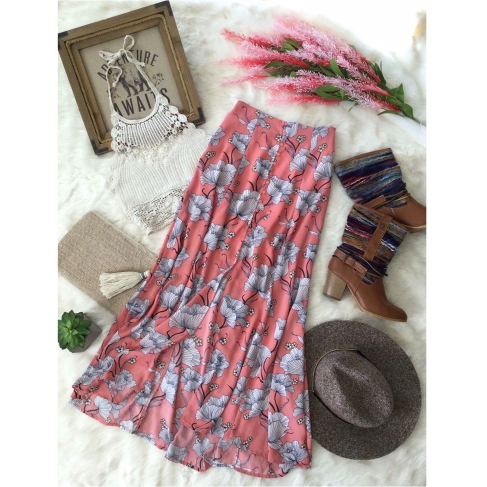 Lush Lotus Fields Floral Flowy Button Front Maxi Skirt Sz S Western Cottagecore